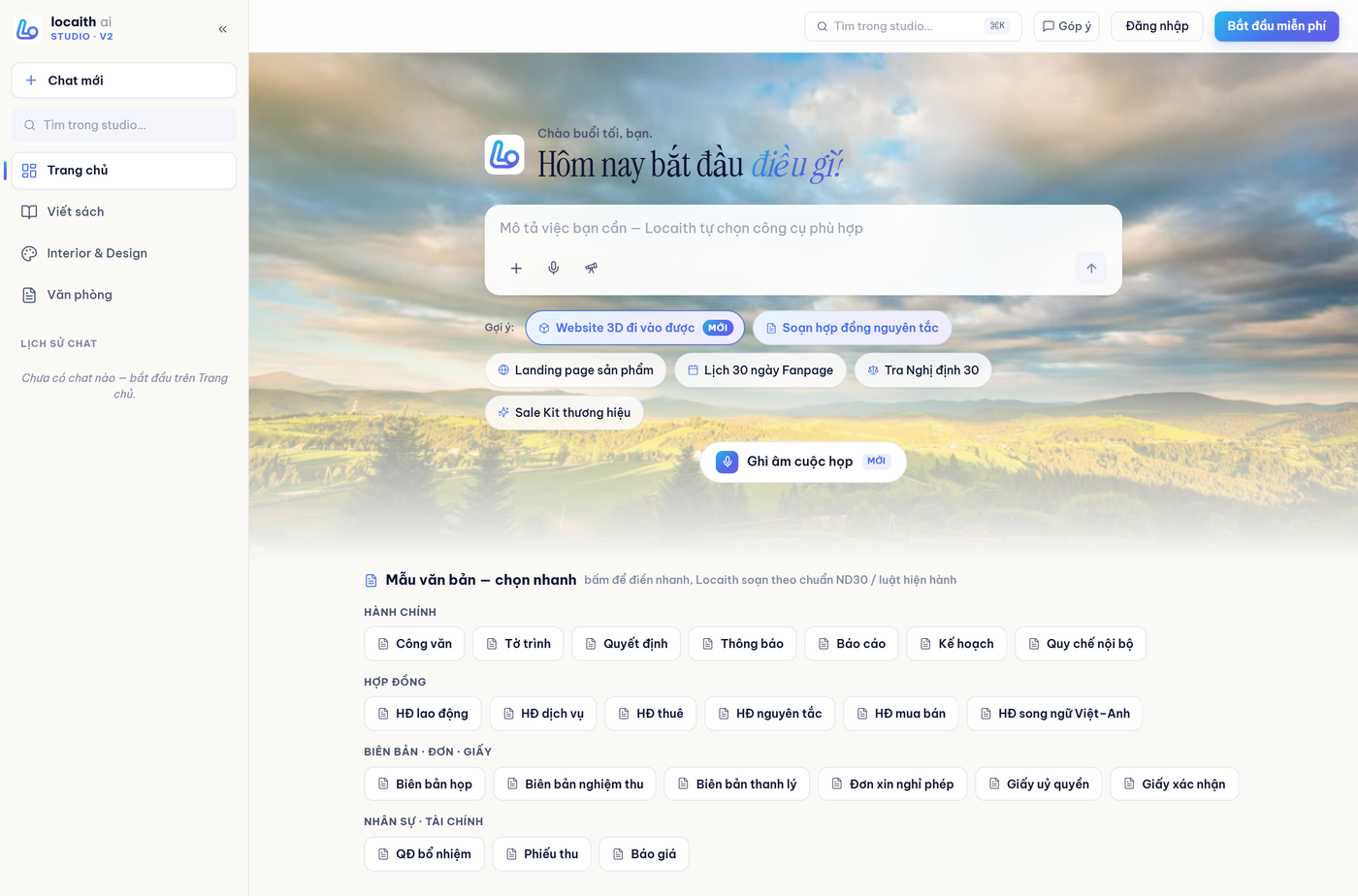 Ảnh chụp màn hình giao diện Locaith Compose tại locaith.ai/compose: ô nhập “Mô tả việc bạn cần” ở giữa, bên dưới là khu “Mẫu văn bản — chọn nhanh” ghi chú “Locaith soạn theo chuẩn ND30 / luật hiện hành”, chia bốn nhóm nút bấm: Hành chính (Công văn, Tờ trình, Quyết định, Thông báo, Báo cáo, Kế hoạch, Quy chế nội bộ), Hợp đồng (HĐ lao động, HĐ dịch vụ, HĐ thuê, HĐ nguyên tắc, HĐ mua bán, HĐ song ngữ Việt–Anh), Biên bản · Đơn · Giấy (Biên bản họp, Biên bản nghiệm thu, Biên bản thanh lý, Đơn xin nghỉ phép, Giấy uỷ quyền, Giấy xác nhận) và Nhân sự · Tài chính (QĐ bổ nhiệm, Phiếu thu, Báo giá). Cột trái là thanh điều hướng của studio với các mục Chat mới, Trang chủ, Viết sách, Interior & Design, Văn phòng.